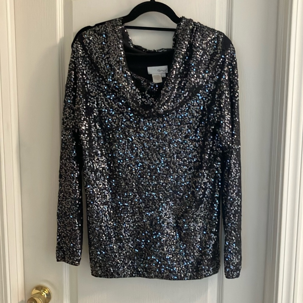 Sparkling charcoal gray/black party top.